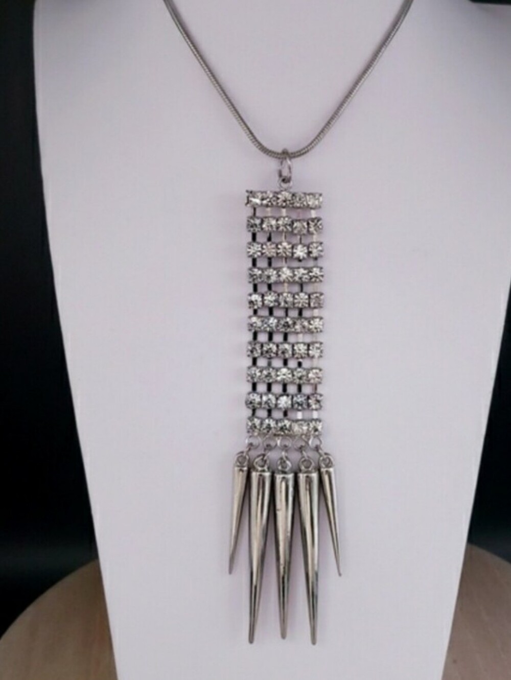 Rhinestone and Spike Necklace Silver Tone